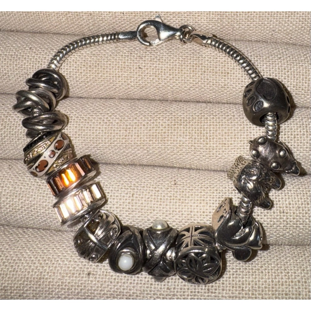 Lot of 14 Sterling Silver Charms Beads .925 w/ Bracelet 44 Grams Animals Stones